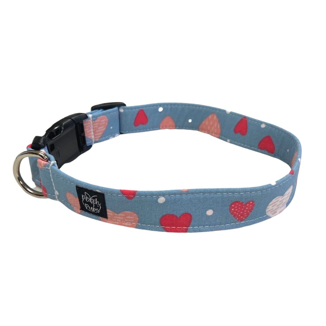 Blue with Pink Hearts Collar Peach Pups Handmade Pet Accessories